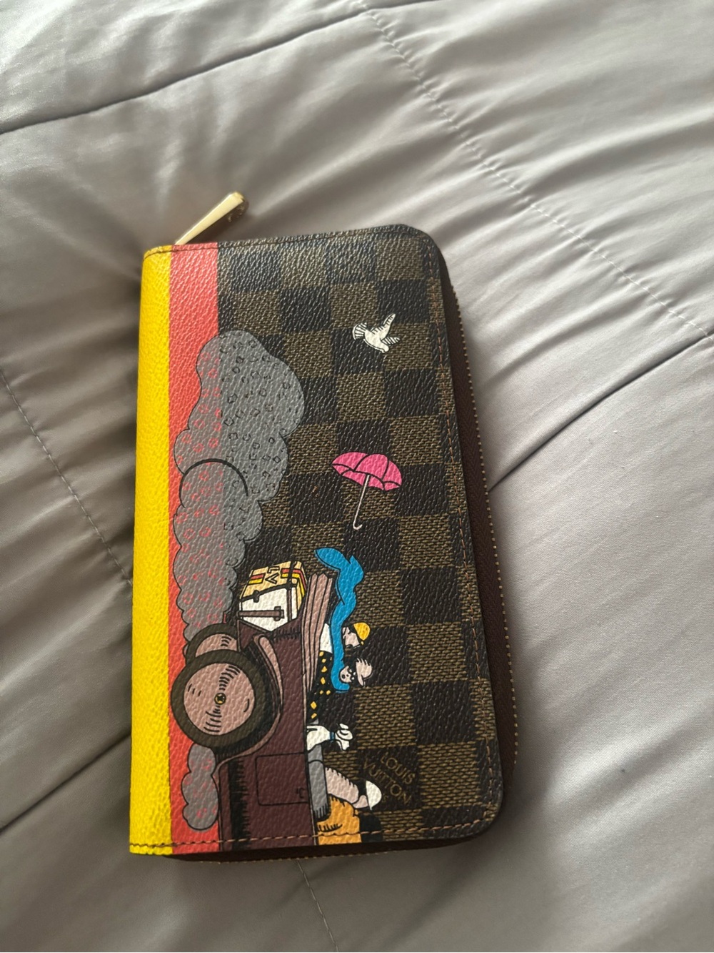 Leather  Brown Checkered Zip Wallet with Yellow, Pink and Blue Accents